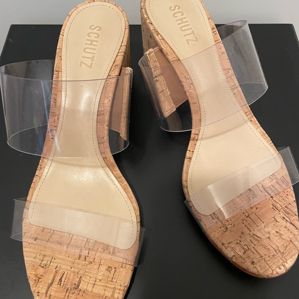 SCHUTZ Women's Cork Wedges with Clear Straps